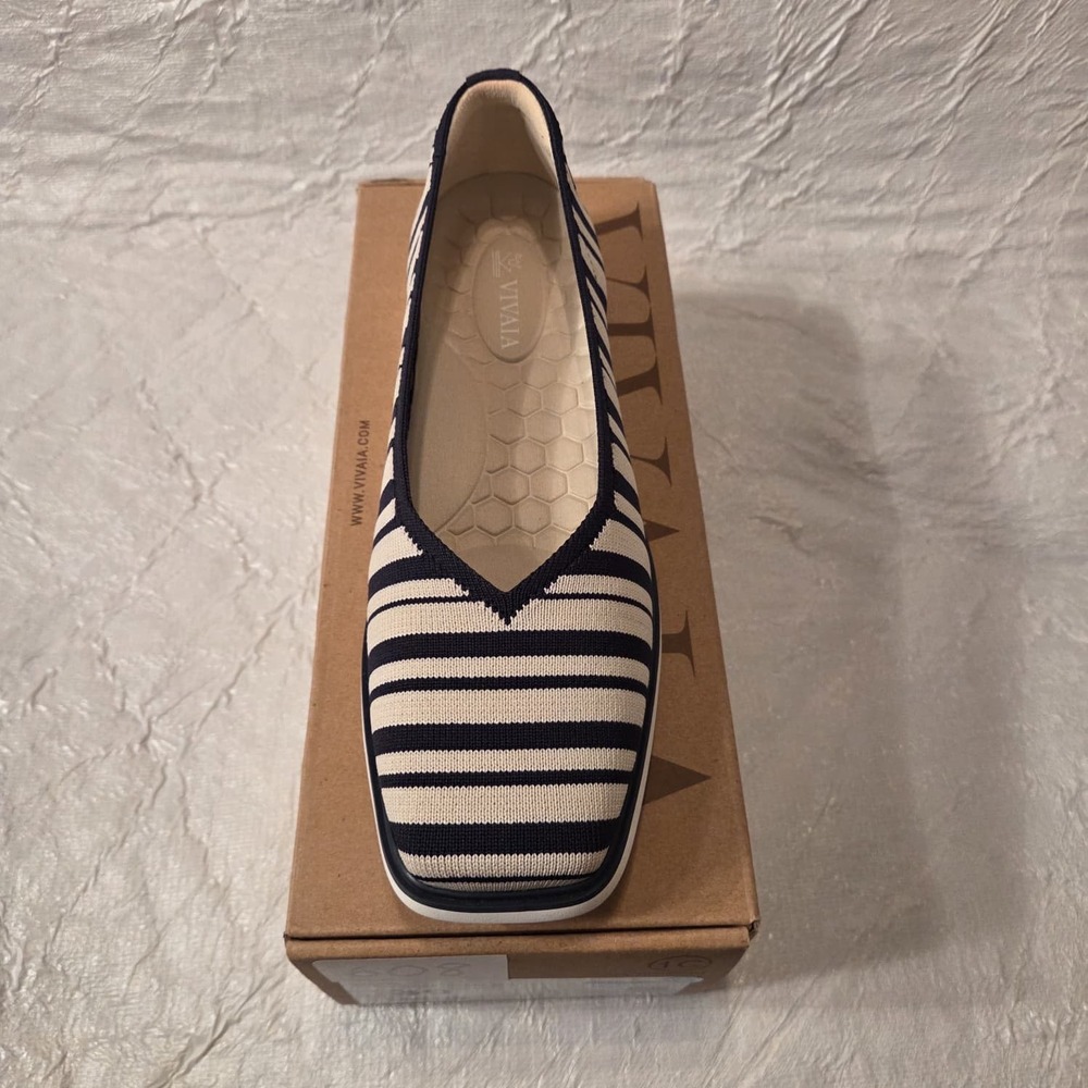 VIVAIA Navy Cream Striped Square Toe All-Day Standing Flats EU 39 US 8 - Picture 6 of 16
